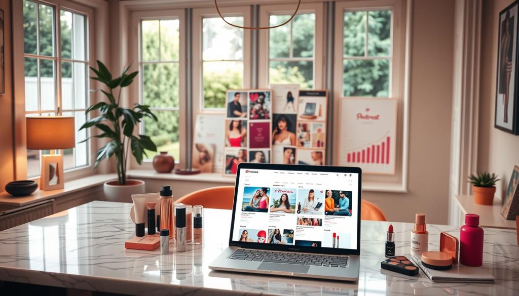 A cozy, warm-lit home office with a stylish marble desktop, where an array of beauty products from the "Pincomes" brand are neatly displayed. In the foreground, a laptop showcases a vibrant Pinterest interface, highlighting the benefits of the affiliate program - increased visibility, targeted traffic, and lucrative commissions. The middle ground features a mood board with inspiring beauty pins, social media analytics, and a growth chart. In the background, a large window offers a serene view of a lush garden, conveying a sense of tranquility and productivity. The overall scene exudes a professional yet inviting atmosphere, reflecting the advantages of partnering with the "Pincomes" affiliate program on the popular visual discovery platform.