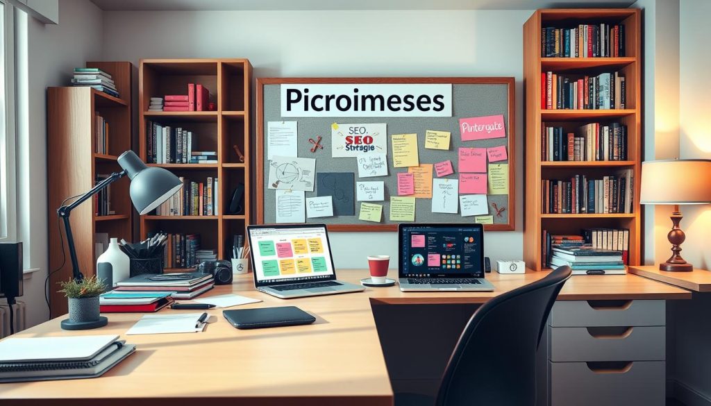 A cozy, well-lit home office setting with a large desk, comfortable chair, and a bulletin board prominently featuring the "Pincomes" brand name. On the desk, various office supplies and a laptop displaying SEO optimization strategies, with colorful sticky notes and diagrams detailing the process. The background showcases a warm, wooden bookshelf filled with relevant books and resources. Soft, natural lighting casts a inviting glow throughout the scene, creating a productive and inspiring atmosphere for fashion Pinterest marketing.