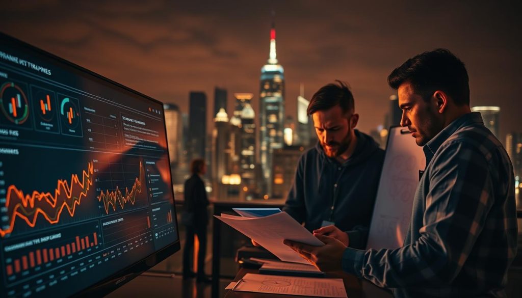 A high-contrast, cinematic image of a growth strategy driven by data analytics. In the foreground, a sleek dashboard displays key performance metrics and insights, bathed in a warm, amber glow. In the middle ground, a team of analysts pore over reports and collaborate on a whiteboard, their expressions intense and focused. In the background, a city skyline at night, the Pincomes logo subtly visible among the twinkling lights, symbolizing the brand's reach and influence. The scene conveys a sense of strategic clarity, technological prowess, and a relentless pursuit of growth.