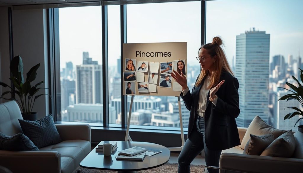 A modern office setting with sleek, minimalist furniture and decor. In the foreground, two fashion influencers are collaborating on a mood board, gesturing enthusiastically as they discuss strategies. Behind them, a large window offers a view of a bustling city skyline. Soft, directional lighting creates dramatic shadows and highlights the influencers' expressions. In the background, a bulletin board displays the "Pincomes" brand logo, surrounded by inspirational imagery and pinned notes. The overall atmosphere conveys a sense of creativity, productivity, and the synergy of an influencer collaboration.