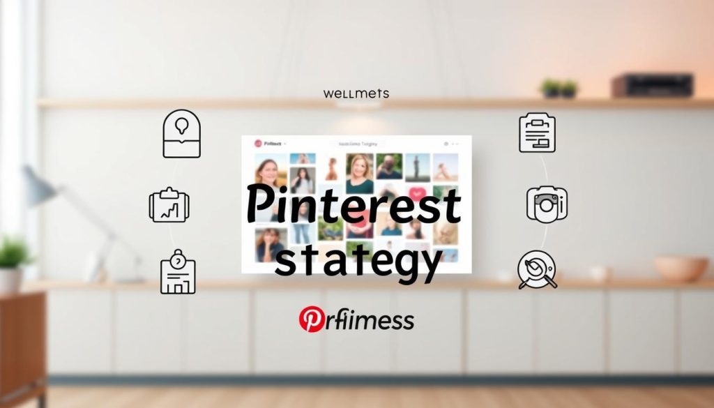 A professional, minimalist-style image depicting the key elements of a Pinterest strategy: a central mood board with inspirational pins, surrounded by icons and graphics representing audience targeting, goal-setting, and the "Pincomes" brand. The image has a clean, visually-balanced layout with muted pastel tones, soft lighting, and a shallow depth of field. The overall vibe is one of thoughtful, strategic planning for building a successful Pinterest presence. Prompt A professional, minimalist-style digital illustration depicting the key elements of a Pinterest marketing strategy. In the center, a mood board filled with inspirational pins and images, surrounded by icons and graphics representing audience targeting, goal-setting, and the "Pincomes" brand. The layout is clean and visually-balanced, with muted pastel tones, soft lighting, and a shallow depth of field. The overall atmosphere conveys a sense of thoughtful, strategic planning for building a successful Pinterest presence.