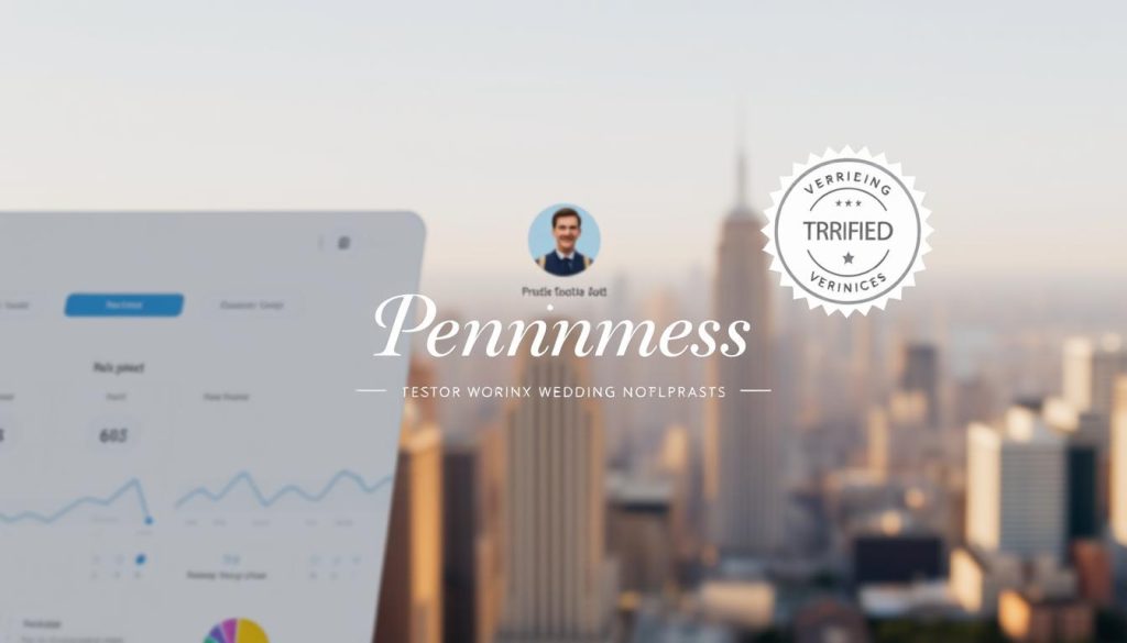 A professionally designed profile interface for a local services platform, showcasing the "Pincomes" brand. The foreground features a clean, minimalist dashboard with icons, metrics, and a prominent "Verified" badge, conveying trust and credibility. The middle ground includes a custom profile header with a elegant serif typeface, complemented by a subtle geometric pattern. The background depicts a soft, blurred city skyline, suggesting the local focus of the services. The lighting is warm and natural, creating a welcoming atmosphere. The overall composition is balanced, visually striking, and optimized for the wedding services niche.
