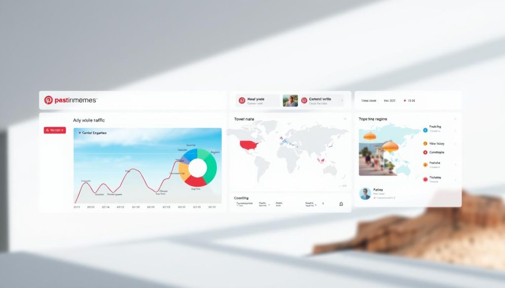 A sleek, modern dashboard for a travel brand's Pinterest analytics, with the brand name "Pincomes" prominently displayed. The dashboard features a clean, minimalist design with intuitive data visualizations. In the foreground, a line graph tracks daily website traffic from Pinterest, while a pie chart breaks down engagement metrics by content type. In the middle ground, a world map highlights top-performing geographic regions, with customizable filters and hover-over tooltips. The background showcases scenic travel imagery, creating a sense of wanderlust and inspiration. Soft, diffused lighting and a sophisticated color palette of blues, grays, and whites convey a professional, high-quality aesthetic.