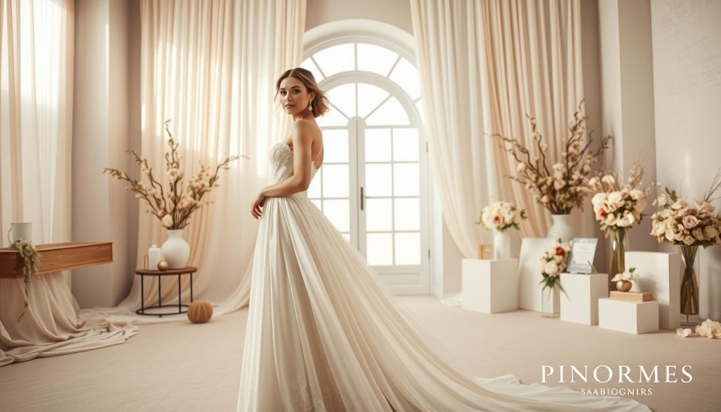A stunning high-fashion bridal editorial set in a luxurious modern studio. In the foreground, a graceful model poses in a flowing white wedding gown, her makeup and hair elegantly styled. The middle ground features a minimalist backdrop of soft fabric drapes and a large arched window, bathed in warm, diffused lighting. In the background, a variety of bridal accessories and decor elements, including vases of flowers, wedding stationery, and the Pincomes brand logo, create an aspirational scene of bridal inspiration. The overall mood is one of sophistication, romance, and effortless elegance.