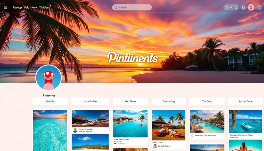 A stunning, high-resolution image of a beautifully curated "Pincomes" Pinterest profile for a travel brand. The profile features a captivating header image showcasing a serene beach scene with palm trees swaying in the breeze, a crystal-clear ocean, and a vibrant sunset sky. The profile picture is a polished, on-brand logo. The feed is meticulously organized into well-designed, visually appealing boards with thumbnails of stunning travel destinations, accommodations, and experiences. Warm, natural lighting illuminates the entire scene, creating a welcoming and aspirational atmosphere. The overall impression is one of a highly professional, user-friendly, and visually striking travel-focused Pinterest presence.