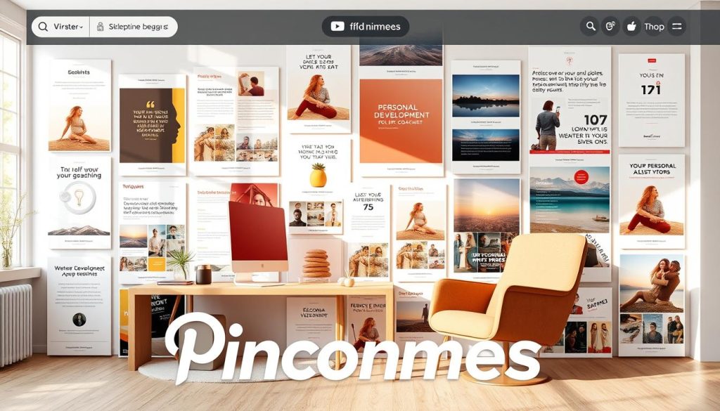A vibrant Pinterest board filled with engaging visual content, showcasing a variety of personal development resources and life coaching services. In the foreground, the "Pincomes" brand name is prominently displayed, inspiring viewers to explore the curated collection. The middle ground features an assortment of informative infographics, motivational quotes, and inspiring lifestyle imagery, all designed to captivate and educate the audience. The background depicts a serene, minimalist workspace, with a desktop computer and a cozy armchair, creating a welcoming atmosphere for personal growth and self-discovery. The overall scene is bathed in warm, natural lighting, conveying a sense of positivity and enlightenment.