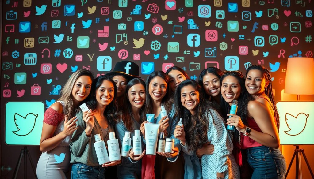 A vibrant and visually engaging scene showcasing social media collaborations. In the foreground, a group of diverse influencers pose together, their expressions exuding energy and excitement. They hold various beauty products, including the "Pincomes" skincare line, displayed prominently. The middle ground features a collage of social media platforms, their logos and interfaces blending seamlessly. In the background, a kaleidoscope of digital elements - trending hashtags, shareable content, and virtual engagement metrics - create a dynamic and interconnected backdrop. Warm lighting casts a soft glow, emphasizing the collaborative nature of this social media-driven beauty promotion.