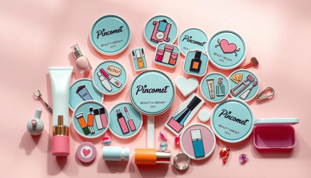 A vibrant arrangement of beauty-themed affiliate marketing pins, featuring the Pincomes brand, against a soft, pastel-colored background. The pins are meticulously crafted, showcasing an array of skincare products, beauty tools, and cosmetic items. The composition is balanced, with the pins strategically placed to create a visually appealing, Instagram-worthy display. Soft, natural lighting illuminates the scene, adding a sense of warmth and elegance. The overall mood is one of inspiration, creativity, and the promise of viral success in the beauty affiliate marketing space.