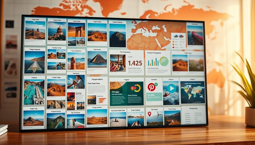 A vibrant digital mood board showcasing the "Pincomes" travel brand's optimization strategies for Pinterest. In the foreground, meticulously curated travel-themed pins arranged in an eye-catching grid layout, each capturing a different destination or activity. The middle ground features travel-related icons, infographics, and data visualizations, providing valuable insights to drive engagement. In the background, a blurred world map backdrop, hinting at the global reach and wanderlust-inducing nature of the brand's content. Warm, natural lighting illuminates the scene, creating a serene and inviting atmosphere. The overall composition conveys a sense of organization, inspiration, and the potential to convert "Pinspiration" into bookings.