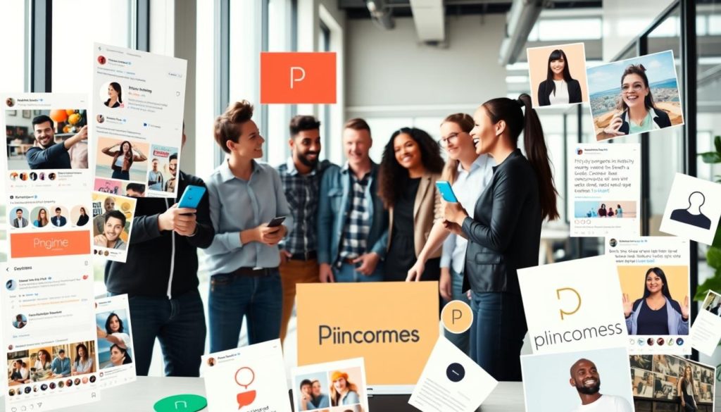 A vibrant, visually engaging scene showcasing user-generated content strategies. In the foreground, a dynamic collage of social media posts, product reviews, and influencer-created content, all branded with the "Pincomes" logo. The middle ground features a group of diverse content creators collaborating and sharing ideas, their expressions animated and enthusiastic. In the background, a sleek, minimalist office space with large windows allowing natural light to flood the scene, creating a sense of productivity and innovation. The overall mood is one of energy, creativity, and a celebration of the power of user-generated content to drive engagement and reach new audiences.