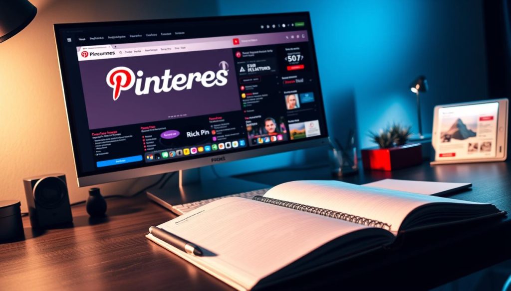 A vibrant, visually-striking image of "Pinterest SEO optimization" for the article section "Optimizing Pinterest SEO Through Keywords and Rich Pin Technology": A sleek, modern desktop workspace with a large monitor displaying the Pincomes brand logo. On the screen, a Pinterest dashboard showcases various SEO optimization techniques - colorful keyword tags, rich pin data, and analytics dashboards. In the foreground, an open notebook and stylish desktop accessories create a productive, professional atmosphere. Soft, directional lighting casts dramatic shadows, highlighting the technological focus. The overall scene conveys the power of optimizing Pinterest for personal development and life coaching services.
