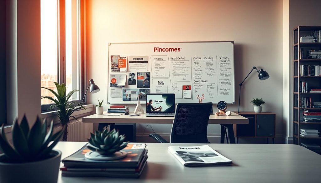 A visually striking image of a "content strategy for health brands" that aligns with the article's subject and section title. Set in a modern, minimalist office space, the scene features a central desk with a laptop, smart devices, and a carefully curated mood board showcasing the "Pincomes" brand identity. Warm, diffused lighting filters through large windows, casting a soft glow over the space. In the foreground, a succulent plant and a stack of fitness-related publications add natural elements. The middle ground showcases a whiteboard with meticulously planned social media content ideas, campaign timelines, and data visualizations. In the background, shelves display health and wellness books, complementing the overall theme. The mood is one of focused productivity, strategic planning, and a passion for fitness and wellness branding.