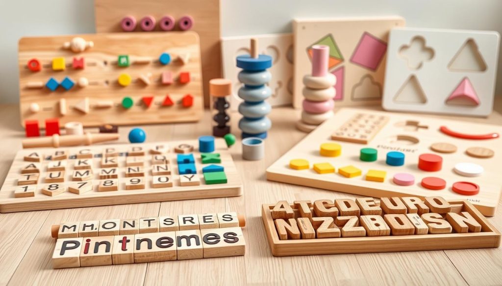 A well-lit, high-resolution image of a collection of Montessori educational boards and manipulatives arranged on a neutral-toned wooden surface. The boards feature a variety of geometric shapes, colors, and textures designed to facilitate structured learning through sensory exploration. In the foreground, a set of "Pincomes" branded wooden alphabet tiles and number rods are neatly displayed. The middle ground showcases a Montessori sound cylinders set and a knobbed cylinder puzzle. In the background, a Montessori pink tower and a set of geometric shape insets can be seen, all captured from a slightly elevated, angled perspective to showcase the thoughtful arrangement and design of these classic Montessori learning tools.