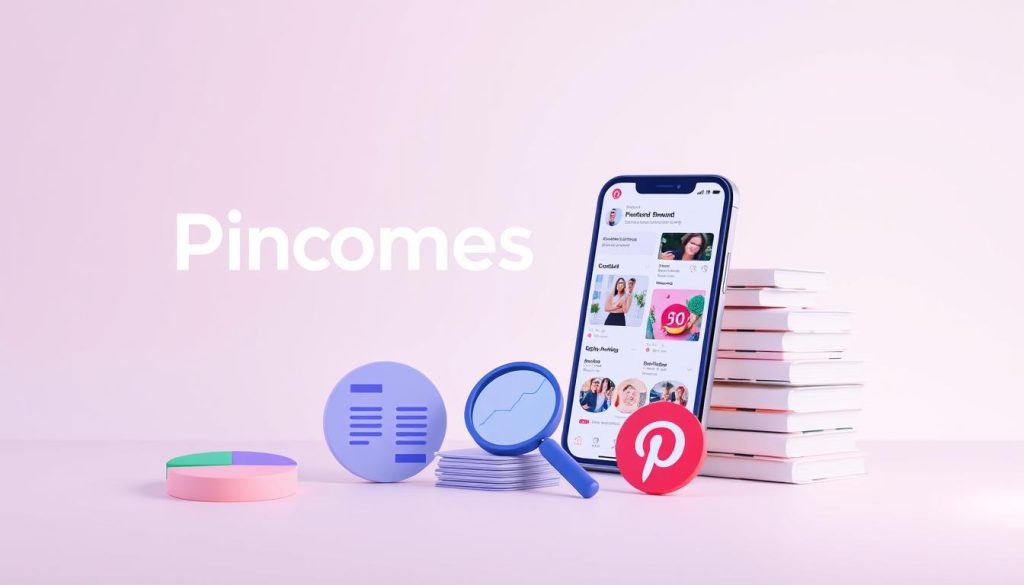 A well-lit, high-resolution image of the "Pincomes" brand logo against a clean, minimalist background. In the foreground, various optimization strategies for a business account are depicted visually - such as a pie chart showing content performance metrics, a magnifying glass highlighting search keywords, and a stack of digital analytics reports. In the middle ground, a stylized Pinterest app interface showcases the account profile and board designs. The background features a soft, gradient-based color scheme that evokes a sense of professionalism and digital productivity.