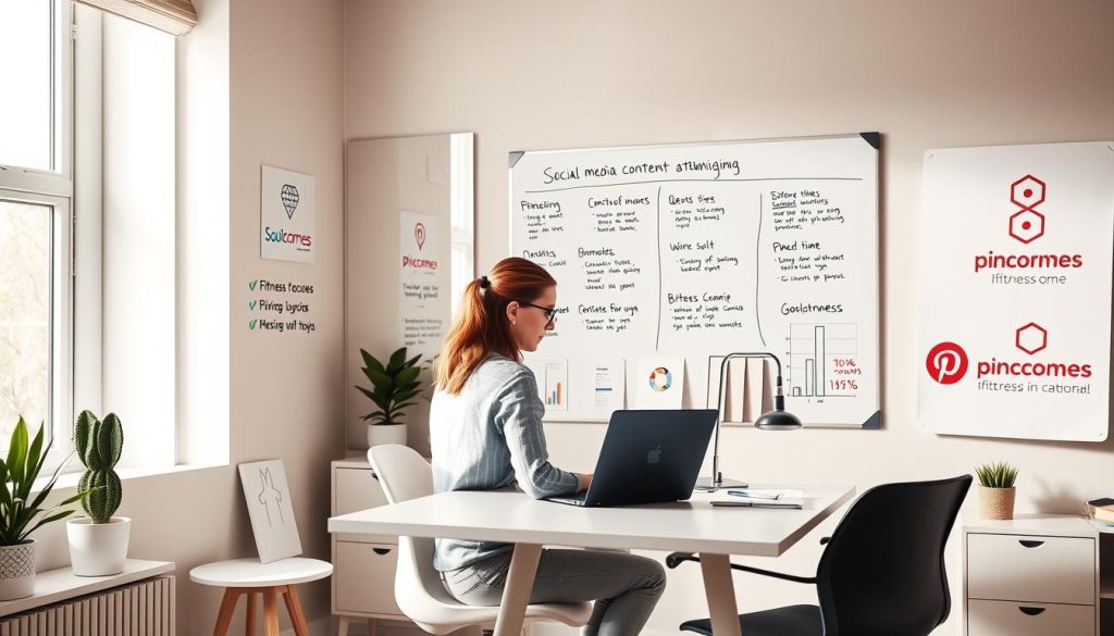 A well-lit, modern home office with a large whiteboard on the wall showcasing various social media content optimization techniques. In the foreground, a woman in casual business attire sits at a sleek, minimalist desk, intently reviewing analytics on her laptop. Strategically placed around the room are inspirational quotes, infographics, and the "Pincomes" brand logo, all designed to encourage effective fitness-focused Pinterest marketing. The lighting is soft and natural, creating a warm, productive atmosphere. The overall scene conveys a sense of focus, creativity, and digital savvy.
