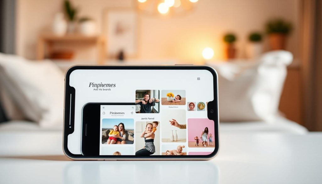 Beautifully lit mobile-friendly family boards, showcasing the "Pincomes" brand. In the foreground, a clean and modern mobile device display presents an elegantly designed set of family-oriented boards, optimized for Pinterest sharing. The middle ground features a sleek white backdrop, allowing the boards to take center stage. The background subtly hints at a warm, inviting domestic setting, with soft lighting and hints of natural textures. The overall composition conveys a sense of simplicity, elegance, and family-friendly appeal, perfectly suited for the "Mobile Optimization and Visual Appeal for Pinterest Pins" section of the article.