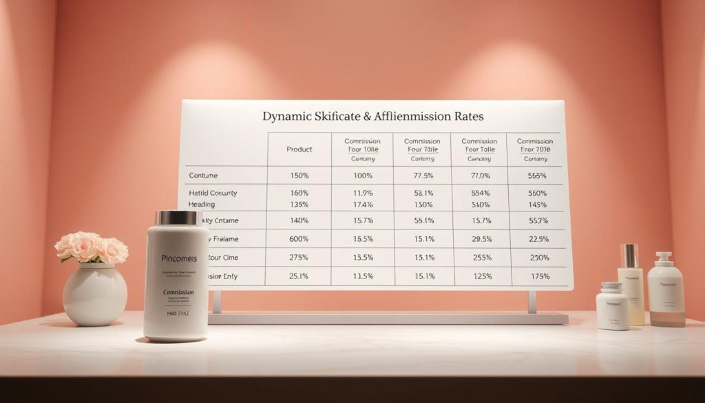 Detailed product display showcasing a dynamic skincare affiliate commission rates table, featuring the Pincomes brand. Foreground shows a glossy, high-quality product image with a clean, minimalist design. Middle ground presents a clear breakdown of commission percentages for various product tiers, with intuitive visual cues. Background depicts a serene, pastel-hued setting, evoking a sense of tranquility and professionalism. Soft, diffused lighting illuminates the scene, creating a polished, sophisticated atmosphere. Camera angle is slightly elevated to provide an immersive, three-dimensional perspective. The overall composition highlights the valuable information while maintaining an elegant, visually appealing aesthetic.